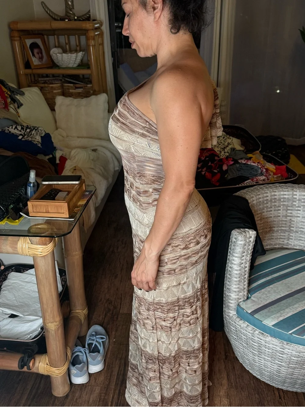 bebe One-Shoulder Knit Maxi Dress in Beige and Brown Stripes - Picture 3 of 4
